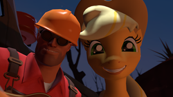 Size: 900x506 | Tagged: safe, artist:pavelgun93, applejack, earth pony, human, pony, g4, 3d, engineer, engineer (tf2), female, male, mare, meet the engineer, source filmmaker, team fortress 2