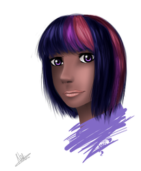 Size: 362x440 | Tagged: safe, artist:monochromewasteland, twilight sparkle, human, g4, dark skin, humanized