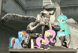 Size: 980x666 | Tagged: safe, fluttershy, lyra heartstrings, rainbow dash, g4, konami, metal gear, sitting, sitting lyra, solid snake, statue