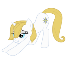 Size: 2415x1855 | Tagged: safe, artist:luckysmores, prince blueblood, pony, unicorn, g4, exploitable meme, female, iwtcird, princess bluebelle, rule 63, scrunchy face, simple background, solo, stretching, transparent background