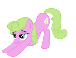 Size: 2415x1855 | Tagged: safe, artist:luckysmores, daisy, flower wishes, earth pony, pony, g4, female, iwtcird, mare, scrunchy face, simple background, solo, stretching, transparent background