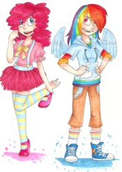 Size: 2148x3037 | Tagged: safe, artist:mishachanx, pinkie pie, rainbow dash, human, g4, converse, high res, humanized, shoes, winged humanization