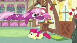 Size: 600x338 | Tagged: safe, screencap, apple bloom, cheerilee, g4, hearts and hooves day (episode), hearts and hooves day, sugarcube corner