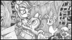 Size: 2189x1230 | Tagged: safe, artist:tobal13, applejack, spike, twilight sparkle, g4, female, hug, male, monochrome, scene interpretation, ship:applespike, shipping, straight, traditional art