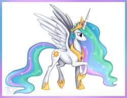 Size: 1134x878 | Tagged: safe, artist:michael-richter, princess celestia, alicorn, pony, g4, female, raised hoof, realistic, solo, spread wings, wings