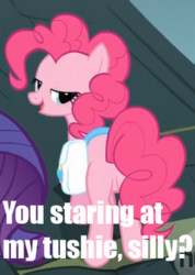 Size: 214x301 | Tagged: safe, edit, edited screencap, screencap, pinkie pie, earth pony, pony, dragonshy, g4, bronybait, butt, caption, cropped, female, hub logo, lidded eyes, mare, plot, saddle bag