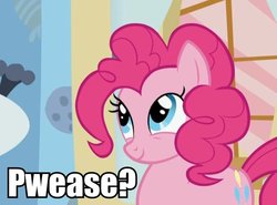 Size: 600x445 | Tagged: safe, screencap, pinkie pie, earth pony, pony, feeling pinkie keen, g4, caption, cute, diapinkes, female, image macro, looking up, mare, meme, reaction image, smiling, solo