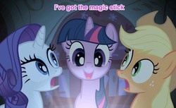 Size: 886x543 | Tagged: safe, edit, edited screencap, screencap, applejack, rarity, twilight sparkle, g4, look before you sleep, caption, golden oaks library, image macro, light, lil kim, magic stick, meme, purple text, song reference, text