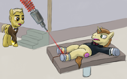 Size: 831x519 | Tagged: safe, artist:smallhacker, con mane, donut joe, earth pony, pony, unicorn, g4, auric goldfinger, donut, food, goldfinger, james bond, laser, male, movie reference, parody, peril, ponified, stallion, tied down, unshorn fetlocks