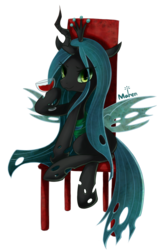 Size: 840x1340 | Tagged: safe, artist:maren, queen chrysalis, changeling, changeling queen, g4, chair, crown, female, jewelry, pixiv, regalia, simple background, transparent background, wine