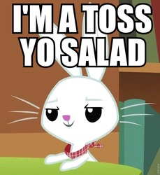 Size: 702x768 | Tagged: safe, edit, edited screencap, screencap, angel bunny, rabbit, g4, animal, bib, caption, image macro, innuendo, salad, solo, text