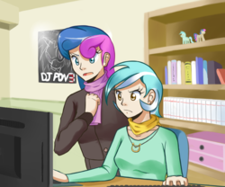 Size: 960x800 | Tagged: safe, artist:sallymon, bon bon, lyra heartstrings, sweetie drops, human, g4, bon bon is not amused, computer, duo, female, humanized, lesbian, lyra is not amused, ship:lyrabon, shipping