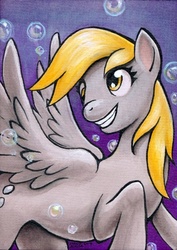 Size: 424x600 | Tagged: safe, artist:aokibengal, derpy hooves, pegasus, pony, g4, bubble, female, mare, solo, traditional art