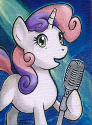 Size: 441x600 | Tagged: safe, artist:aokibengal, sweetie belle, pony, unicorn, g4, female, microphone, solo, traditional art