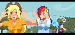 Size: 6906x3225 | Tagged: safe, artist:saviko, applejack, rainbow dash, twilight sparkle, human, g4, humanized, russian, winged humanization