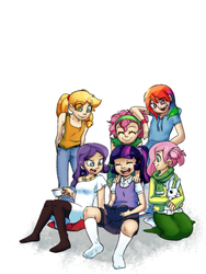 Size: 1350x1800 | Tagged: safe, artist:x3dave, applejack, fluttershy, pinkie pie, rainbow dash, rarity, twilight sparkle, human, g4, clothes, dress, humanized, mane six, mane six opening poses, skirt