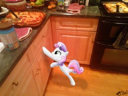 Size: 3264x2448 | Tagged: safe, artist:bigccv, artist:ojhat, sweetie belle, pony, g4, food, high res, irl, meat, pepperoni, pepperoni pizza, photo, pizza, ponies in real life, reaching, standing, standing on one leg, vector