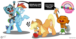 Size: 1859x976 | Tagged: safe, artist:wolfjedisamuel, applejack, rainbow dash, cat, earth pony, fish, pegasus, pony, g4, abuse, apple, crossover, cutie mark, darwin watterson, dashabuse, duct tape, face down ass up, female, gumball watterson, jackabuse, literal butthurt, mare, pain, riding, riding a pony, simple background, the amazing world of gumball, transparent background