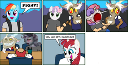 Size: 656x334 | Tagged: safe, discord, sweetie belle, oc, oc:fausticorn, g4, faic, fight, lauren faust, law for kids, meme, school, sweetie derelle, trollface