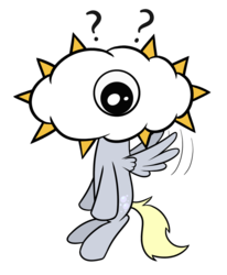 Size: 692x840 | Tagged: safe, artist:hip-indeed, derpy hooves, pegasus, pony, g4, cloud, confused, crossover, female, flying, kirby (series), kracko, mare, parody, simple background, transparent background