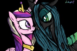 Size: 1800x1200 | Tagged: dead source, safe, artist:lauren-campbell, princess cadance, queen chrysalis, alicorn, changeling, changeling queen, pony, g4, boop, female, personal space invasion