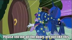 Size: 641x359 | Tagged: safe, edit, edited screencap, screencap, princess luna, star swirl the bearded, twilight sparkle, alicorn, pony, unicorn, g4, luna eclipsed, clothes, cosplay, costume, female, final fantasy, hub logo, image macro, mare, nightmare night costume, star swirl the bearded costume, twilight the bearded