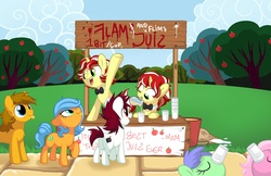 Size: 1272x826 | Tagged: safe, artist:miikanism, flam, flim, snips, oc, unnamed oc, earth pony, pony, unicorn, g4, apple juice, colt, cute, female, filly, flim flam brothers, foal, horn, juice, male, rule 63, sugar, younger