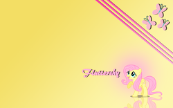 Size: 2560x1600 | Tagged: safe, fluttershy, pegasus, pony, g4, abstract background, cutie mark, female, folded wings, mare, open mouth, raised hoof, reflection, smiling, solo, text, wallpaper, wings