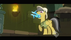 Size: 640x360 | Tagged: safe, screencap, daring do, pegasus, pony, g4, read it and weep, female, hub logo, letterboxing, mare, mouth hold, raised hoof, sapphire statue, solo