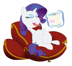 Size: 1337x1220 | Tagged: safe, artist:lowkey, rarity, pony, unicorn, g4, belly, big belly, fat, female, ice cream, magic, mare, pillow, raritubby, simple background, solo, stuffing, transparent background