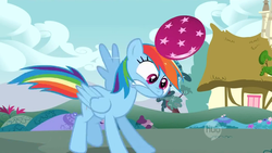 Size: 640x360 | Tagged: safe, screencap, rainbow dash, pegasus, pony, dragonshy, g4, my little pony: friendship is magic, ball, hub logo, solo