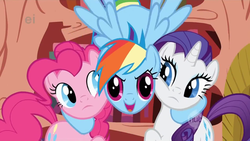 Size: 640x360 | Tagged: safe, screencap, pinkie pie, rainbow dash, rarity, earth pony, pegasus, pony, unicorn, dragonshy, g4, season 1, ei, female, golden oaks library, hub logo, mare, trio, trio female