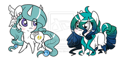 Size: 900x453 | Tagged: dead source, safe, artist:rannarbananar, oc, oc only, pony, unicorn, beads, chibi, clothes, deviantart watermark, obtrusive watermark, scarf, watermark