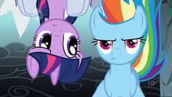 Size: 640x360 | Tagged: safe, screencap, rainbow dash, twilight sparkle, dragonshy, g4, my little pony: friendship is magic, ei, hub logo, upside down