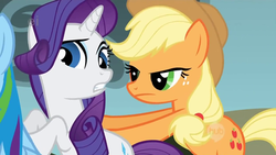 Size: 640x360 | Tagged: safe, screencap, applejack, rainbow dash, rarity, dragonshy, g4, ei, hub logo