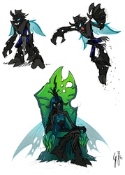 Size: 1000x1393 | Tagged: safe, artist:glancojusticar, queen chrysalis, changeling, changeling queen, anthro, g4, armor, crown, fangs, female, jewelry, regalia, throne, transparent wings, wings