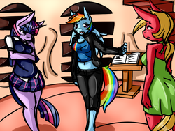 Size: 1024x768 | Tagged: safe, artist:avante92, big macintosh, rainbow dash, twilight sparkle, anthro, series:red gala, g4, apple family member, breasts, busty macareina, clothes, dress, female, fluffy, macareina, male, male to female, midriff, open mouth, post-transformation, rule 63, ship:rainbowmac, shipping, short dress, skirt, straight, transformation, transgender transformation