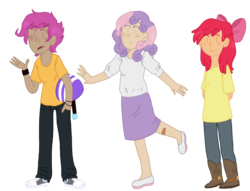 Size: 1298x994 | Tagged: safe, artist:nyan-cow, apple bloom, scootaloo, sweetie belle, human, g4, clothes, cutie mark crusaders, dark skin, female, humanized, simple background, transparent background, trio, trio female