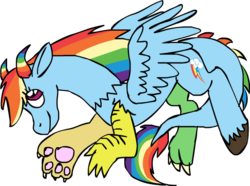 Size: 527x393 | Tagged: safe, artist:blueacrylicfox, rainbow dash, draconequus, g4, draconequified, female, horns, mismatched legs, simple background, smiling, solo, species swap, transparent background