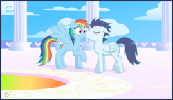 Size: 1920x1104 | Tagged: safe, artist:isegrim87, rainbow dash, soarin', g4, cheek kiss, female, kissing, male, ship:soarindash, shipping, straight