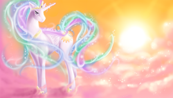 Size: 1366x768 | Tagged: safe, artist:laweegie, princess celestia, pony, g4, cloud, cloudy, female, solo, sunrise, wallpaper