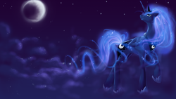 Size: 1366x768 | Tagged: safe, artist:laweegie, princess luna, pony, g4, cloud, cloudy, female, moon, night, solo, wallpaper