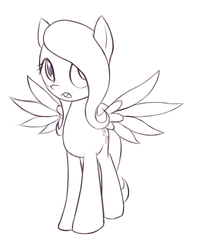 Size: 661x835 | Tagged: safe, artist:fajeh, fluttershy, pegasus, pony, g4, female, filly, filly fluttershy, lineart, looking at you, looking sideways, open mouth, simple background, solo, spread wings, standing, white background, wings, younger