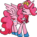 Size: 123x122 | Tagged: safe, artist:marsbar1337, pinkie pie, alicorn, pony, g4, concave belly, crown, female, flower, mare, pinkiecorn, pixel art, simple background, slender, solo, thin, transparent background, xk-class end-of-the-world scenario