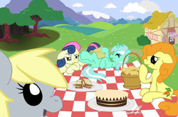 Size: 900x592 | Tagged: safe, artist:fundz64, bon bon, carrot top, derpy hooves, golden harvest, lyra heartstrings, sweetie drops, pegasus, pony, g4, female, food, mare, muffin, picnic, picnic blanket, sandwich