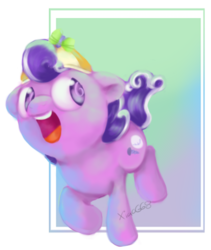 Size: 445x527 | Tagged: dead source, safe, artist:xiao668, screwball, pony, g4, cute, female, fourth wall, hat, looking back, open mouth, out of frame, propeller hat, running, smiling, solo, swirly eyes