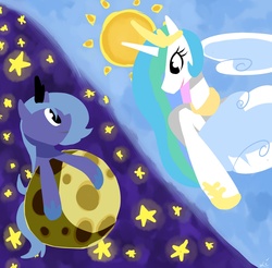 Size: 2000x1968 | Tagged: safe, artist:luna77899, princess celestia, princess luna, g4, moon, s1 luna, sisters, sun, tangible heavenly object