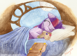 Size: 1122x820 | Tagged: safe, artist:foxxy-arts, smarty pants, twilight sparkle, g4, bed, book, female, golden oaks library, sleeping, solo