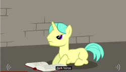 Size: 634x362 | Tagged: safe, oc, oc:dusk, pony, unicorn, dusk's dawn, angry, book, caption, male, screenshots, stallion, text, youtube caption