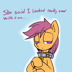 Size: 650x650 | Tagged: safe, artist:serendipity-kitty, scootaloo, pony, g4, collar, cutie mark, cutie mark collar, lesboloo, pet tag, solo
